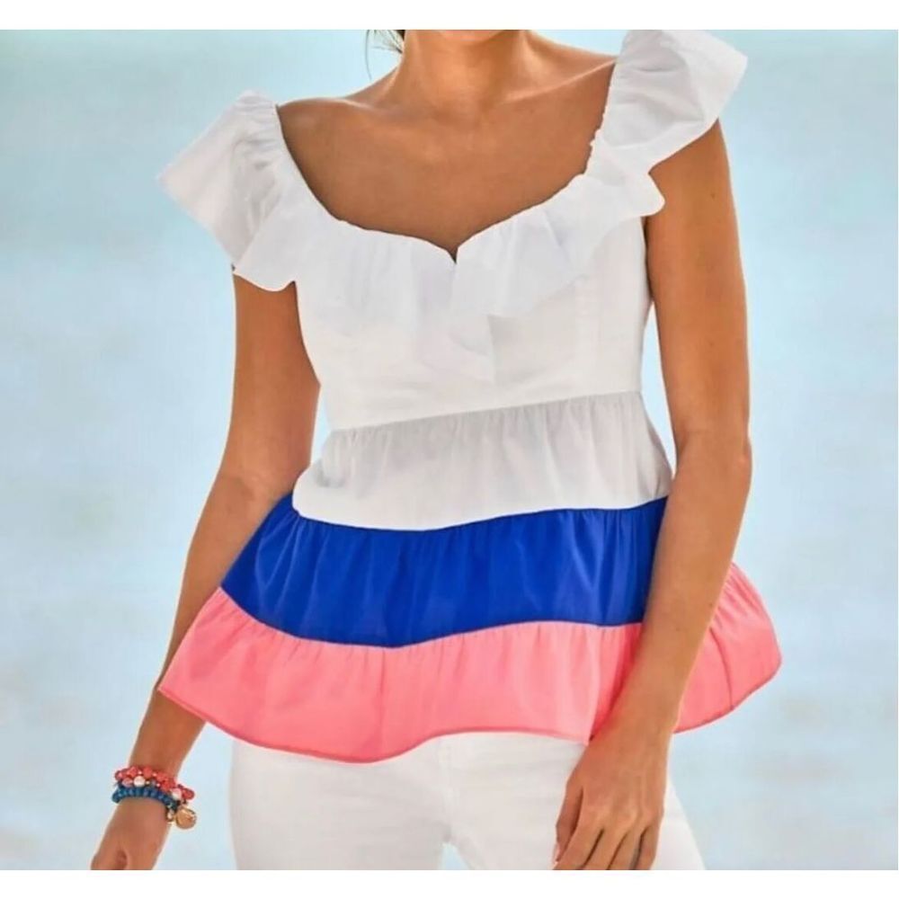 Lilly Pulitzer Emie Ruffle Top Resort White Color-Block Size 6 NWT